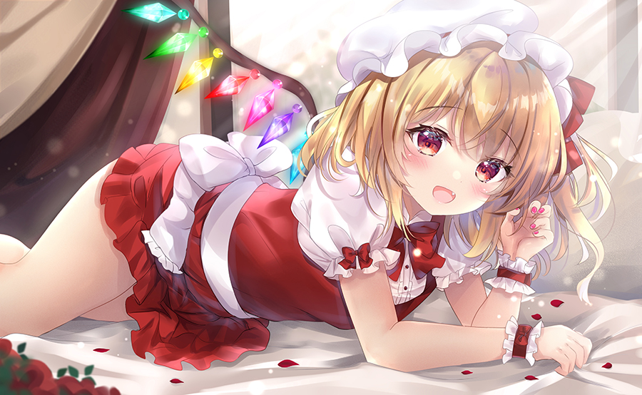 rikatan, flandre scarlet, touhou, 1girl, blonde hair, bow, crystal, frills, hat, looking at viewer, lying, mob cap, open mouth, puffy short sleeves, puffy sleeves, red bow, red eyes, red nails, red skirt, shirt, short sleeves, skirt, solo, white shirt, wings, wrist cuffs