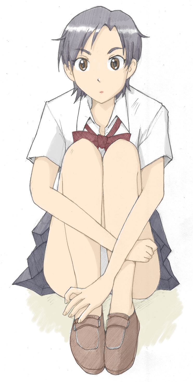 sachisuke masumura, otonashi saya, blood+, bad id, bad pixiv id, highres, 00s, 1girl, black hair, bow, brown eyes, female focus, hugging own legs, miniskirt, no socks, panties, pantyshot, pleated skirt, shoes, short hair, simple background, sitting, skirt, solo, underwear, white background