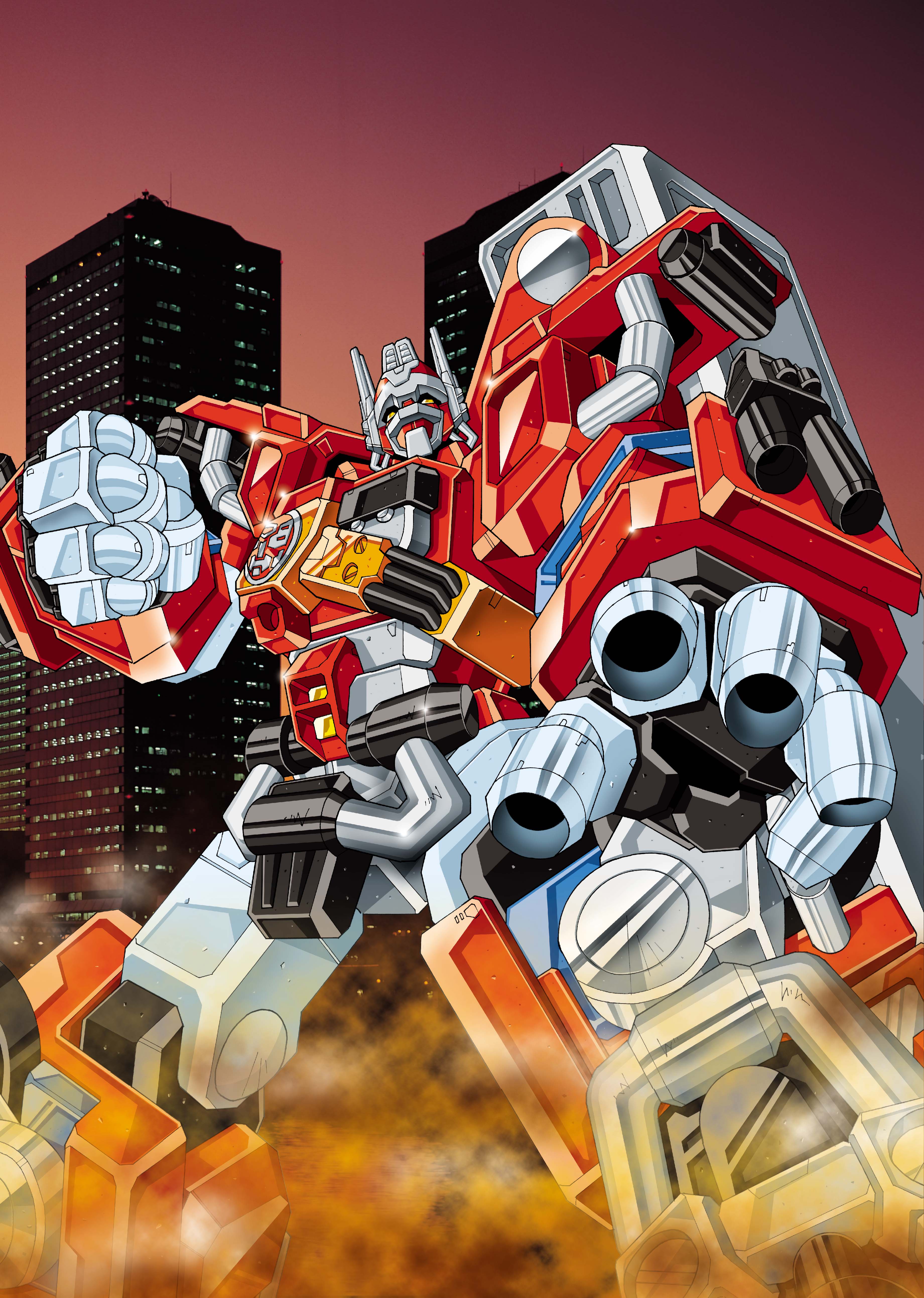 fire convoy, optimus prime, transformers, transformers car robots, absurdres, highres, autobot, building, humanoid robot, insignia, machine, mecha, mechaken, robot, science fiction, yellow eyes