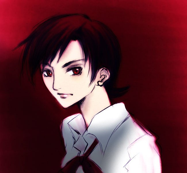 sasai rinko, otonashi saya, blood+, 00s, bow, brown hair, portrait, red background, red eyes, short hair