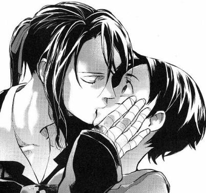 hagi (blood+), otonashi saya, blood+, lowres, scan, 00s, 1boy, 1girl, bandages, black hair, closed eyes, couple, formal clothes, greyscale, hetero, kiss, monochrome, ponytail, short hair, sidelocks, suit, surprised, vampire