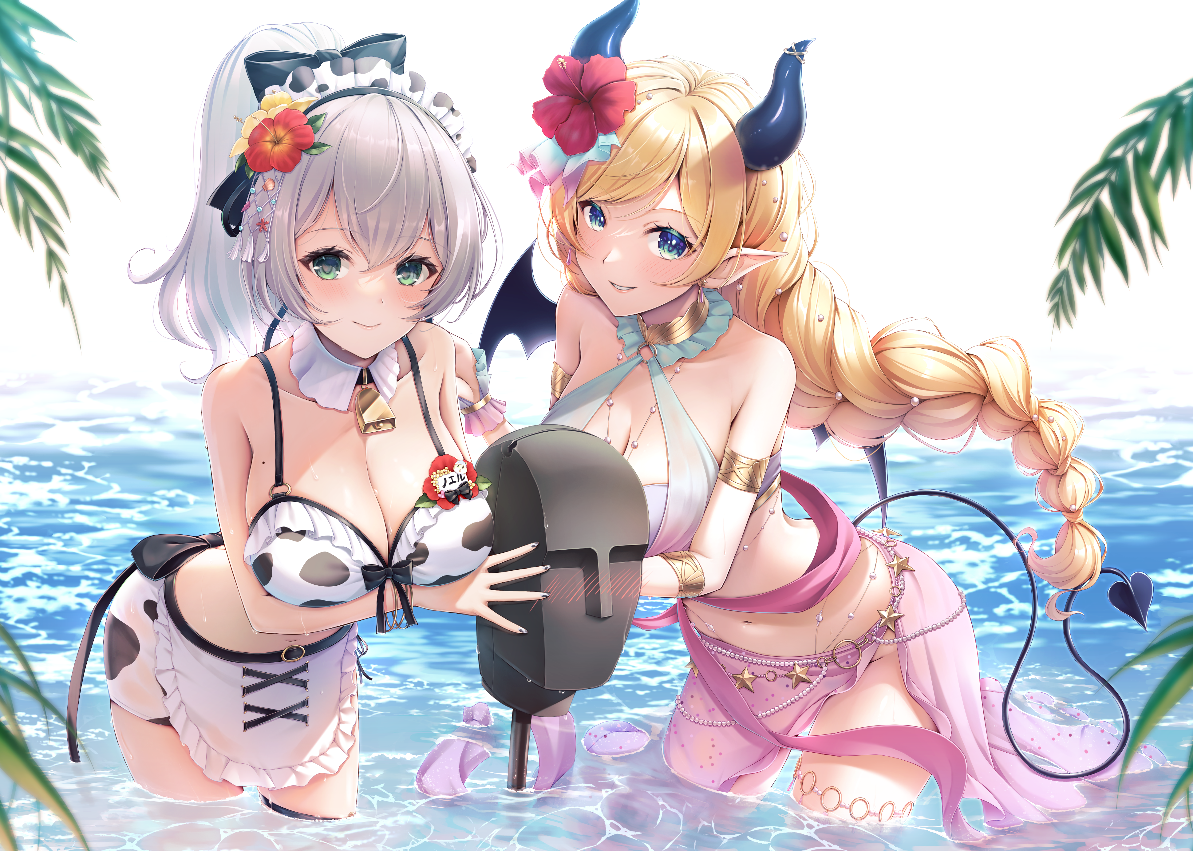 kamishiro mai (capti-no), shirogane noel, shirogane noel (holonatsu paradise), yuzuki choco, yuzuki choco (holonatsu paradise), hololive, absurdres, commentary request, highres, 2girls, animal print, apron, armlet, bell, bikini, bikini skirt, binaural microphone, black horns, blonde hair, blue eyes, braid, braided ponytail, breasts, cleavage, closed mouth, cow print, cow print bikini, cowbell, day, demon girl, demon horns, demon tail, demon wings, detached collar, double-parted bangs, flower, frilled apron, frilled bikini, frills, gradient bikini, green eyes, grey hair, grin, hair between eyes, hair flower, hair ornament, high ponytail, horns, jewelry, large breasts, long hair, looking at viewer, maid, maid bikini, maid headdress, medium hair, microphone, multiple girls, navel, neck ring, neumann ku 100, official alternate costume, official alternate hairstyle, outdoors, pink bikini, pink sarong, pointy ears, ponytail, print bikini, sarong, smile, stomach, swept bangs, swimsuit, tail, thighlet, unconventional maid, very long hair, virtual youtuber, wading, waist apron, white bikini, wings