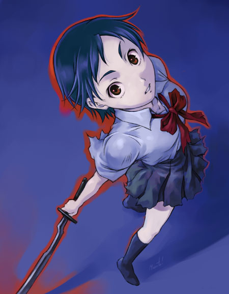 maruto!, otonashi saya, blood+, 00s, black hair, red eyes, school uniform, serafuku, short hair, skirt, solo, sword, weapon
