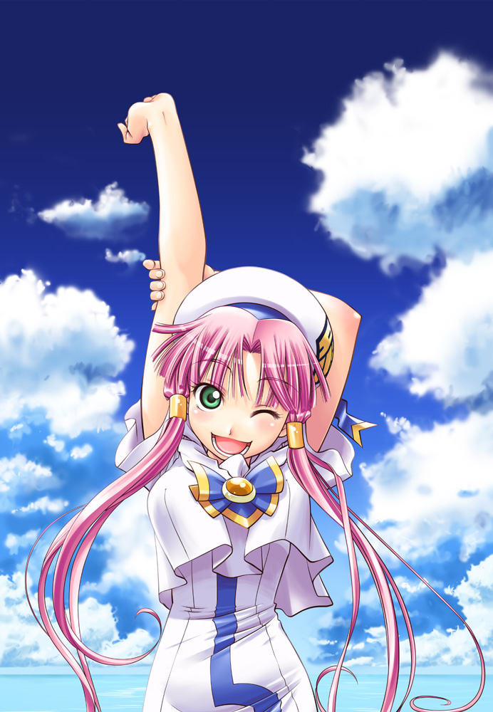 shinozaki akira, mizunashi akari, aria (manga), 00s, 1girl, beret, blouse, cloud, day, female focus, green eyes, hair tubes, hat, shirt, short hair with long locks, sky, solo, twintails, water, white shirt