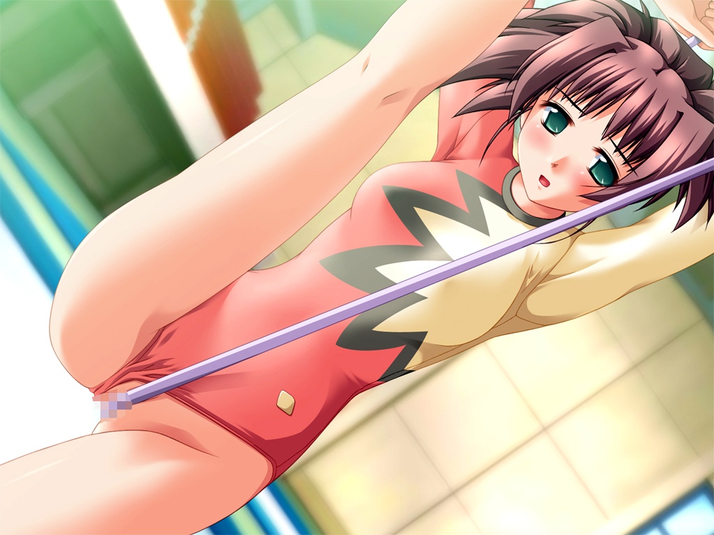 zatou, shiina hikaru, shintaisou, game cg, 00s, 1girl, arms up, bdsm, blush, bondage, bound, brown hair, censored, clothing aside, crotch rope, dutch angle, female focus, flexible, green eyes, gymnastics, kneepits, leg up, leotard, leotard aside, mosaic censoring, open mouth, pink hair, pussy, red leotard, rhythmic gymnastics, shiny clothes, short hair, solo, spandex, split, standing, standing on one leg, standing split, stretching, white leotard