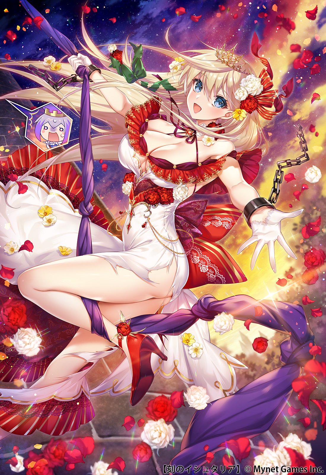 munlu (wolupus), meru (age of ishtaria), salix (age of ishtaria), age of ishtaria, commentary request, highres, official art, 2girls, bare shoulders, blonde hair, blue eyes, blush, breasts, chain, cleavage, copyright notice, dress, falling petals, flower, gloves, hair flower, hair ornament, high heels, large breasts, long hair, looking at viewer, multiple girls, open mouth, outdoors, petals, purple hair, red flower, red rose, rose, smile, solo focus, thighs, white dress, white flower, white gloves, white rose