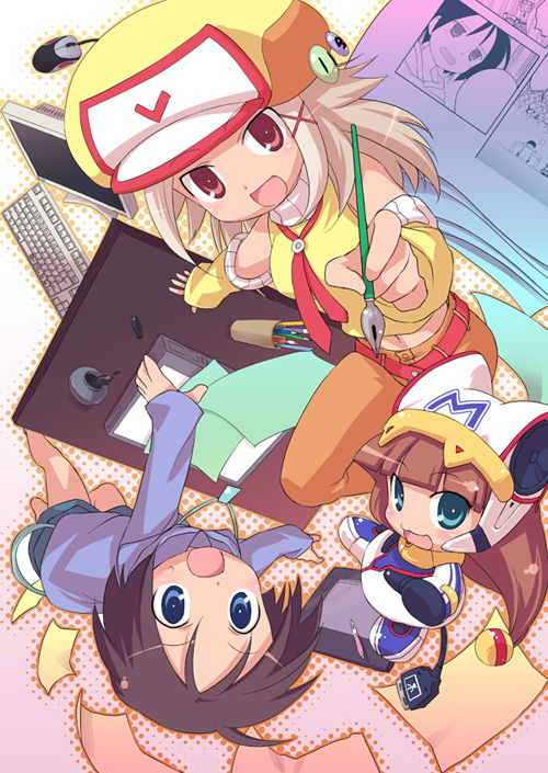 sakura misaki (artist), sakura misaki (sakura densetsu), 3girls, computer, computer keyboard, hat, multiple girls, pen