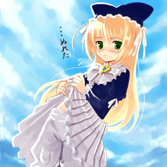 kurasuke, wreathlit noel, yoake mae yori ruri iro na, 1girl, blonde hair, bloomers, clothes lift, female focus, green eyes, hat, hat with ears, looking at viewer, skirt, skirt lift, solo, underwear, white bloomers