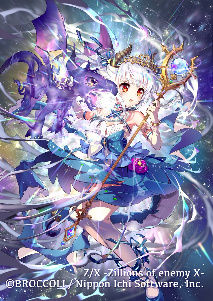 matoki misa, dragon princess (z/x), z/x, highres, official art, 1girl, bare shoulders, blue dress, blue shoes, bow, bracelet, copyright notice, crown, dragon, dragon girl, dragon horns, dragon tail, dragon wings, dress, dress bow, elbow gloves, flower clothes, gloves, holding, holding staff, horns, jewelry, multicolored dress, off-shoulder dress, off shoulder, pantyhose, red eyes, shoes, staff, tail, white dress, white gloves, white hair, white pantyhose, wings