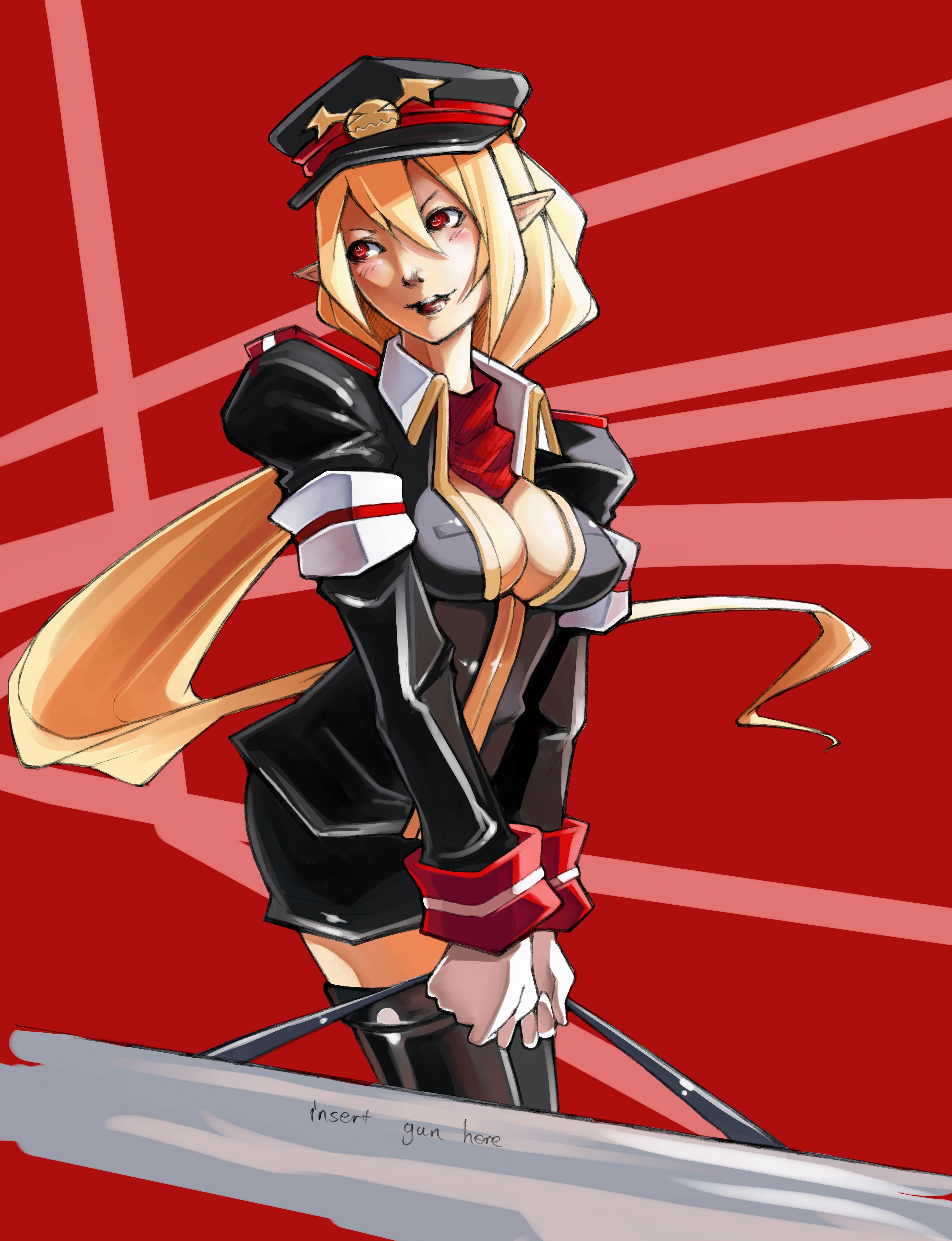 eu03, salvatore, salvatore (disgaea), disgaea, makai senki disgaea 3, nippon ichi, uniform, absurdres, highres, 1girl, black hat, blonde hair, breasts, cleavage, female focus, gloves, hat, long hair, pointy ears, red eyes, solo, very long hair