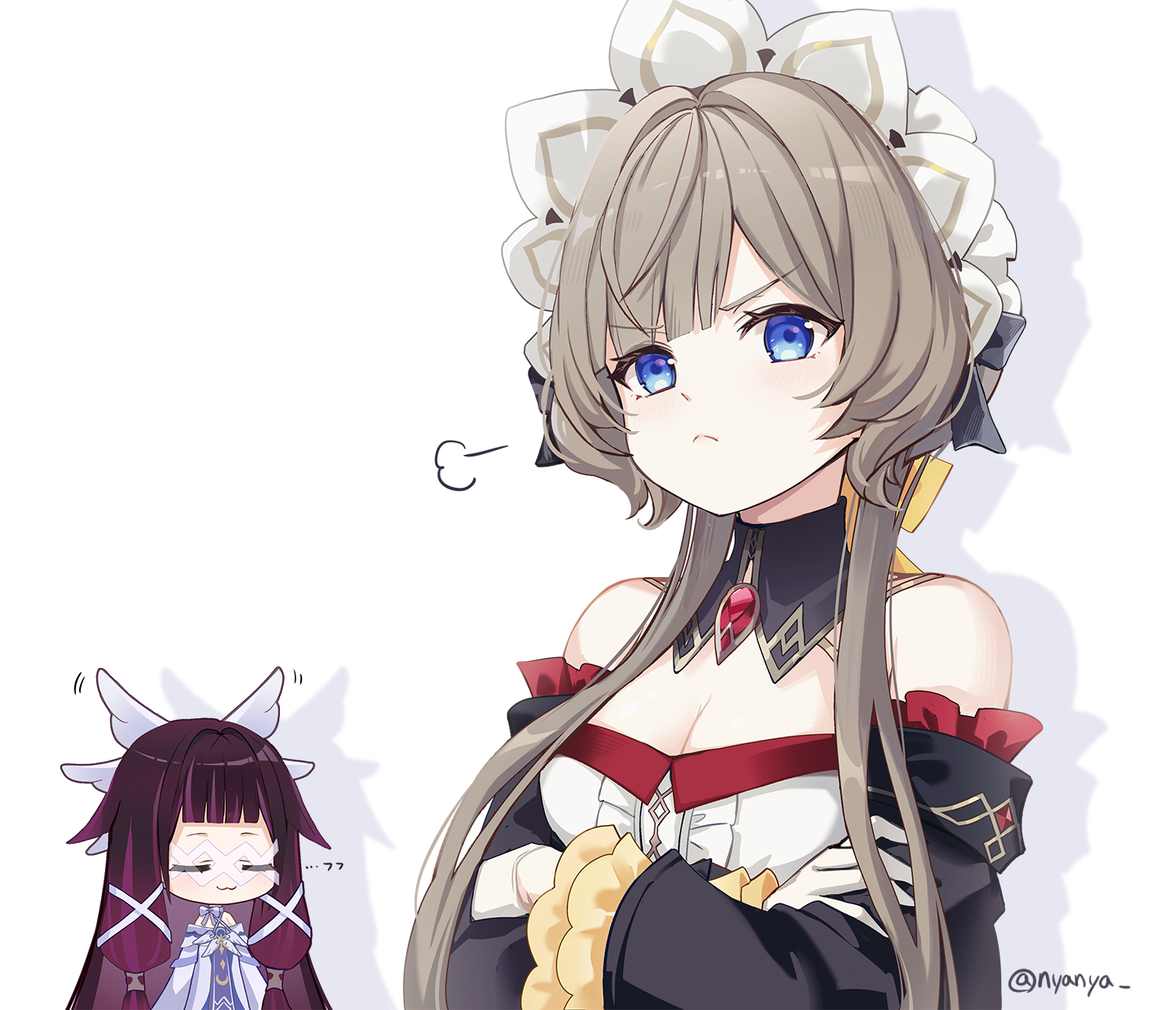 nyanya, columbina (genshin impact), sandrone (genshin impact), genshin impact, commentary request, highres, >:(, 2girls, bare shoulders, black sleeves, blue eyes, breasts, brown hair, cleavage, closed mouth, crossed arms, detached sleeves, frown, gloves, half gloves, long hair, long sleeves, looking at viewer, medium breasts, multiple girls, purple hair, shadow, twitter username, upper body, v-shaped eyebrows, very long hair, white background, white gloves, wide sleeves