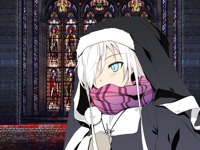 aburidashi zakuro, eifer skute, original, rosenkreuzstilette, 1girl, blue eyes, church, cross, female focus, indoors, jewelry, necklace, nun, scarf, solo, stained glass, traditional nun, white hair