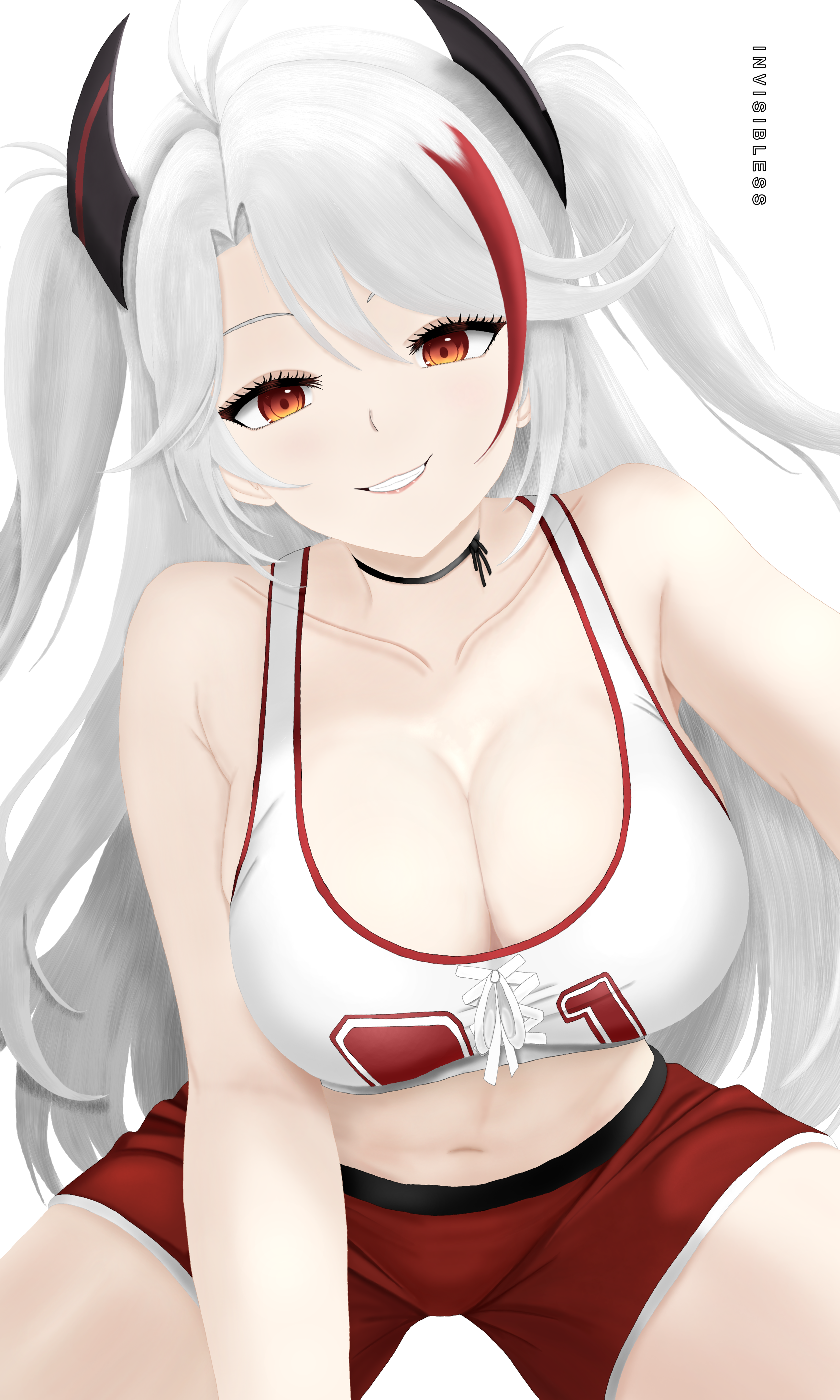invisibless, prinz eugen (azur lane), azur lane, absurdres, commentary, english commentary, highres, 1girl, alternate costume, arm out of frame, artist name, bare shoulders, black choker, breasts, choker, cleavage, collarbone, feet out of frame, gym outfit, leaning forward, long hair, looking at viewer, medium breasts, multicolored hair, navel, open mouth, orange eyes, parted lips, red shorts, shorts, smile, solo, sports bra, sportswear, streaked hair, twintails, white background, white hair, white sports bra