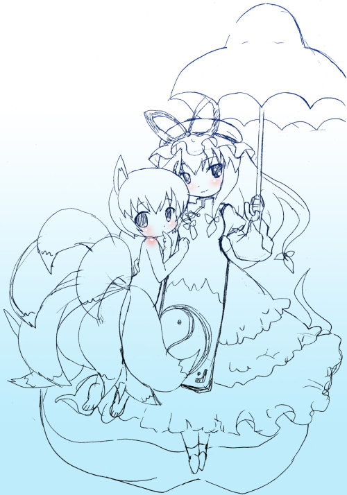 michii yuuki, yakumo ran, yakumo yukari, touhou, 2girls, female focus, fox tail, full body, long sleeves, looking at viewer, monochrome, multiple girls, multiple tails, short hair, simple background, sketch, tabard, tail, umbrella, white background, yin yang