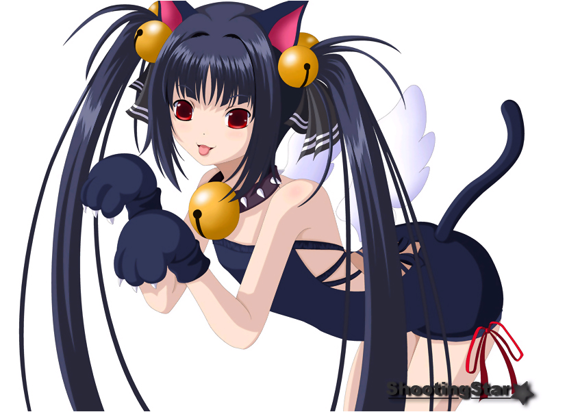 kooh (pangya), pangya, animal ears, animal hands, black hair, cat ears, cat tail, long hair, red eyes, ribbon, solo, tail, twintails, wings