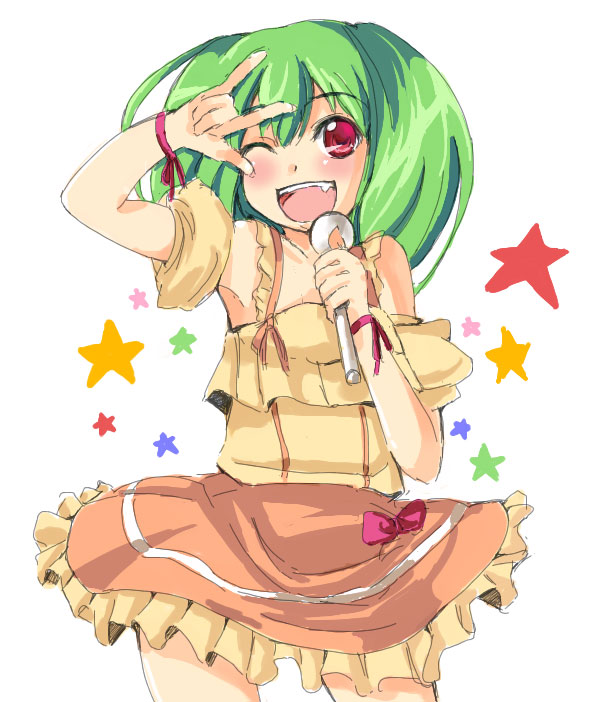 gin'ichi (akacia), ginichi, ranka lee, macross, macross frontier, 00s, 1girl, armpits, bare shoulders, blush, collarbone, cowboy shot, dress, female focus, frills, green hair, holding, looking at viewer, m/, music, red eyes, seikan hikou, short hair, simple background, singing, solo, standing, white background, wristband, yellow dress