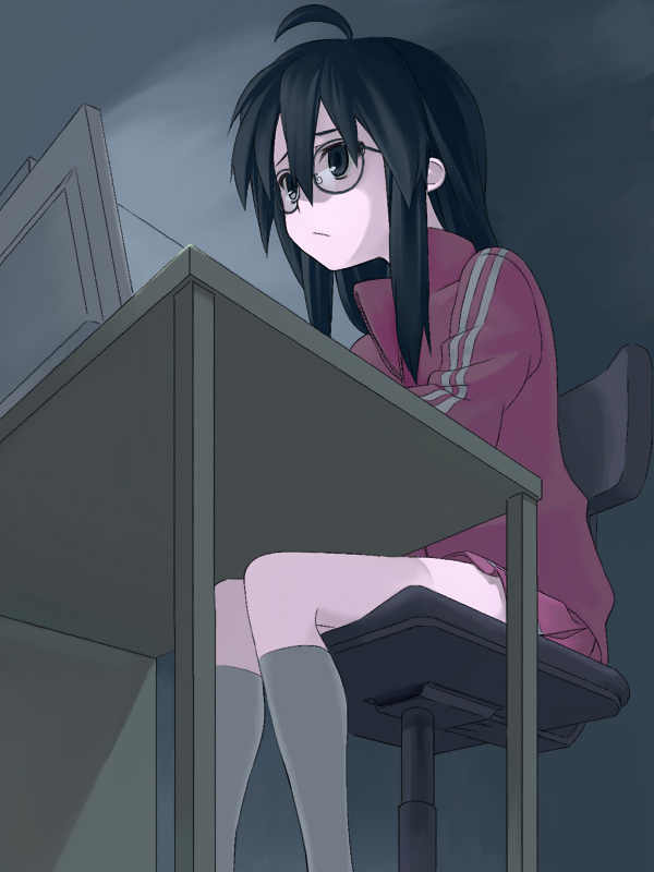 reki (tiny fin), izumi konata, kurokona, lucky star, 00s, 1girl, ahoge, black eyes, black hair, chair, desk, female focus, glasses, hikikomori, indoors, kneehighs, long hair, sitting, socks, solo