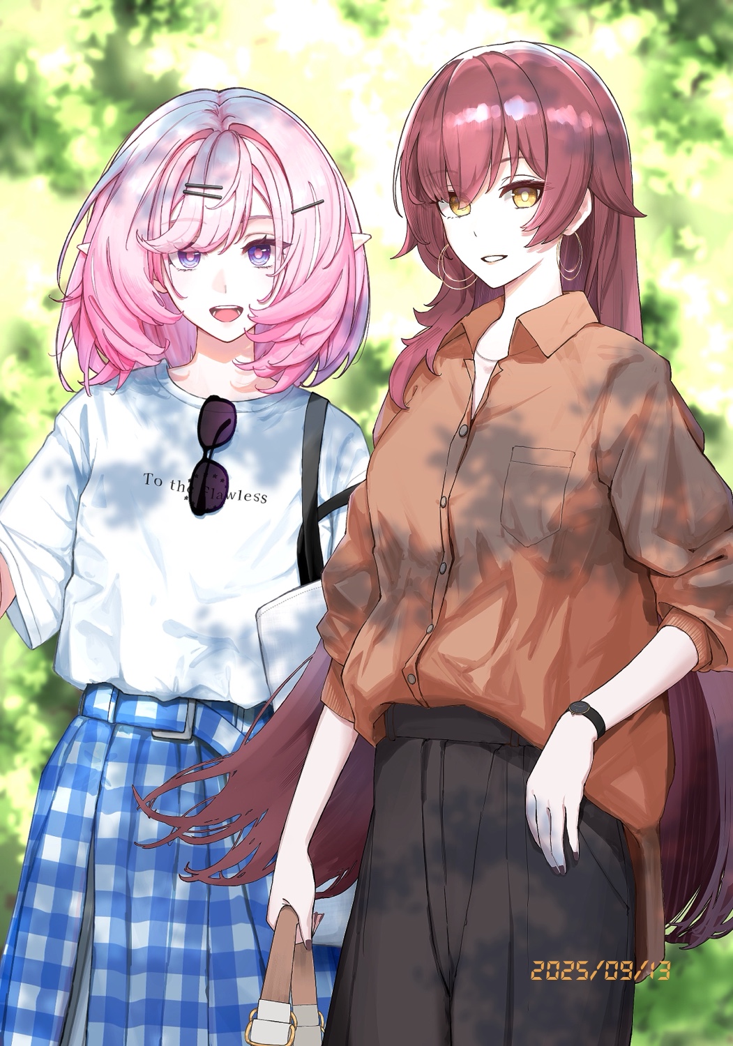 kotobuki aoi, eden (honkai impact), elysia (honkai impact), honkai (series), honkai impact 3rd, commentary, english commentary, highres, 2girls, alternate costume, bag, black pants, blue eyes, brown hair, dated, earrings, elf, eyewear hang, grey background, jewelry, long hair, looking at viewer, multiple girls, open mouth, orange shirt, outdoors, pants, pink hair, pointy ears, shirt, short hair, shoulder bag, smile, two-tone skirt, unworn eyewear, very long hair, watch, white shirt, wristwatch, yellow eyes