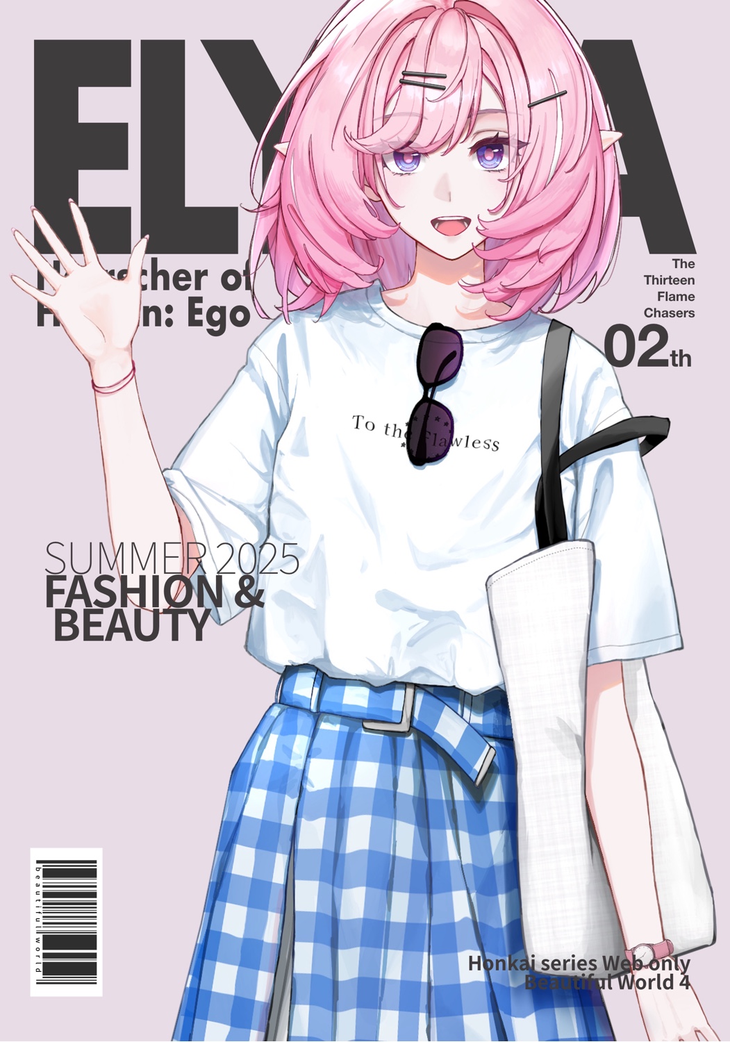 kotobuki aoi, elysia (honkai impact), honkai (series), honkai impact 3rd, commentary, english commentary, highres, 1girl, alternate costume, bag, blue eyes, character name, cover, elf, english text, eyewear hang, fake magazine cover, grey background, looking at viewer, magazine cover, open mouth, pink hair, pointy ears, shirt, short hair, shoulder bag, smile, solo, two-tone skirt, unworn eyewear, white shirt