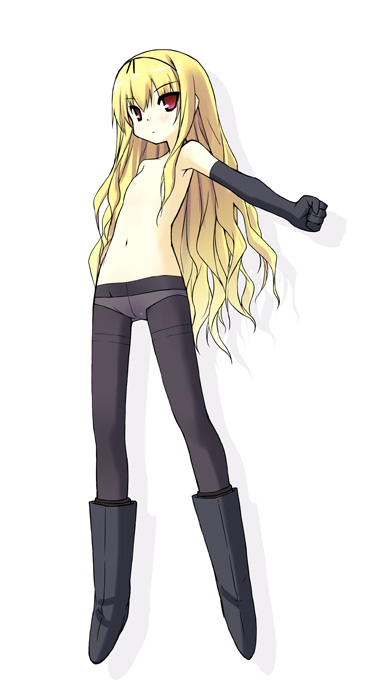 poco (asahi age), original, 1girl, black pantyhose, blonde hair, boots, crotch seam, elbow gloves, female focus, flat chest, gloves, long hair, nipples, panties, panties under pantyhose, pantyhose, red eyes, solo, thighband pantyhose, topless female, underwear
