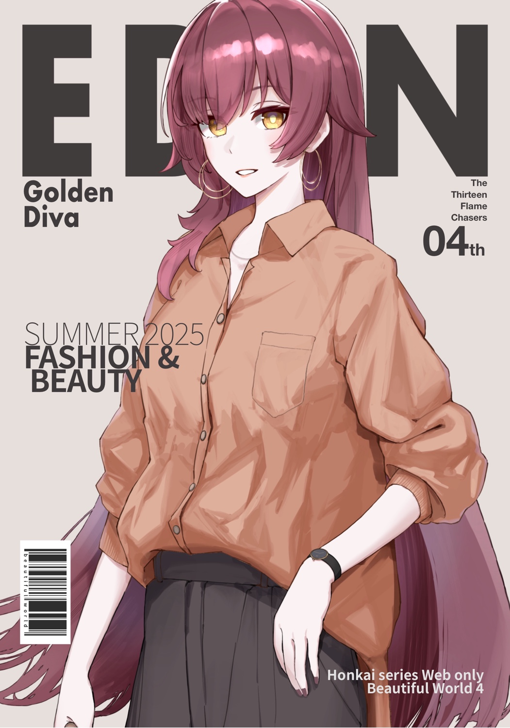 kotobuki aoi, eden (honkai impact), honkai (series), honkai impact 3rd, commentary, english commentary, highres, 1girl, alternate costume, barcode, black pants, brown hair, character name, cover, earrings, english text, fake magazine cover, jewelry, long hair, magazine cover, orange shirt, pants, shirt, smile, solo, very long hair, watch, wristwatch, yellow eyes