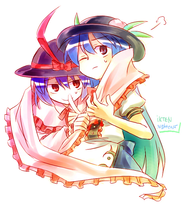 nightea, hinanawi tenshi, nagae iku, touhou, tagme, 2girls, female focus, multiple girls, simple background, white background