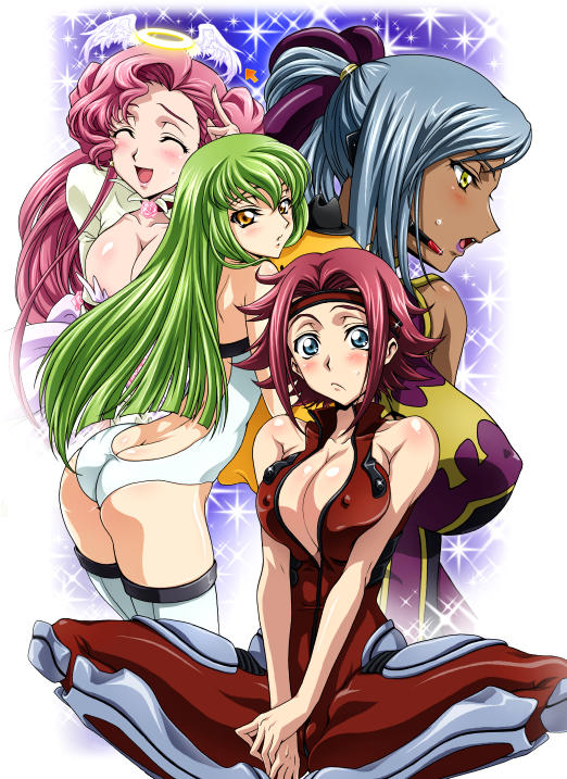 iyou, yukkyun, c.c., euphemia li britannia, kouzuki kallen, villetta nu, code geass, 00s, 4girls, ass, blue eyes, bodysuit, breasts, breasts squeezed together, butt crack, cameltoe, cleavage, covered erect nipples, green hair, halo, headband, large breasts, long hair, medium breasts, multiple girls, red hair, short hair, sideboob, thighhighs, yellow eyes