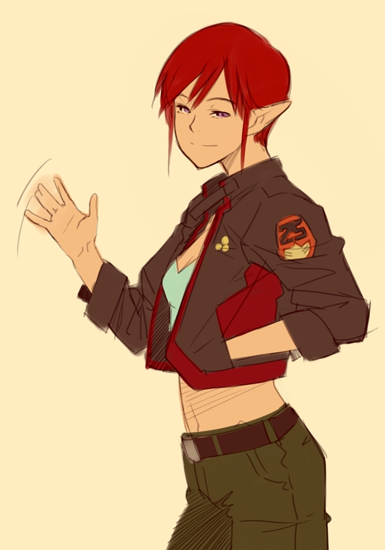 shimotsuki eight, meltrandi, raramia rerenia, zentradi, macross, macross frontier, bad id, bad pixiv id, 00s, belt, jacket, midriff, pointy ears, purple eyes, red hair, short hair, smile, waving