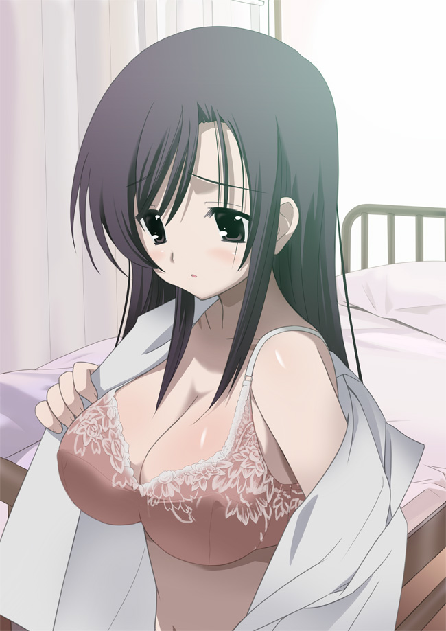 houmitsu, katsura kotonoha, school days, 00s, 1girl, black eyes, black hair, bra, breasts, cleavage, covered erect nipples, female focus, large breasts, lingerie, long hair, pink bra, sad, shirt, sideboob, solo, underwear, undressing, white shirt