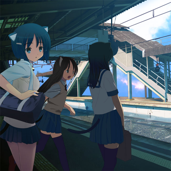 houmitsu, original, 3girls, animal ears, blue eyes, blue hair, cat ears, cat tail, hair ornament, hairclip, multiple girls, school uniform, serafuku, slice of life, tactile paving, tail, thighhighs, train station, zettai ryouiki