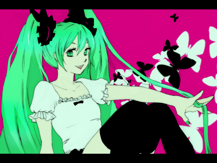 mayuge (03033131), hatsune miku, world is mine (vocaloid), 1girl, aqua eyes, aqua hair, blue eyes, blue hair, dress, green hair, hair ornament, hair ribbon, long hair, looking at viewer, ribbon, sitting, smile, solo, thighhighs, twintails, very long hair