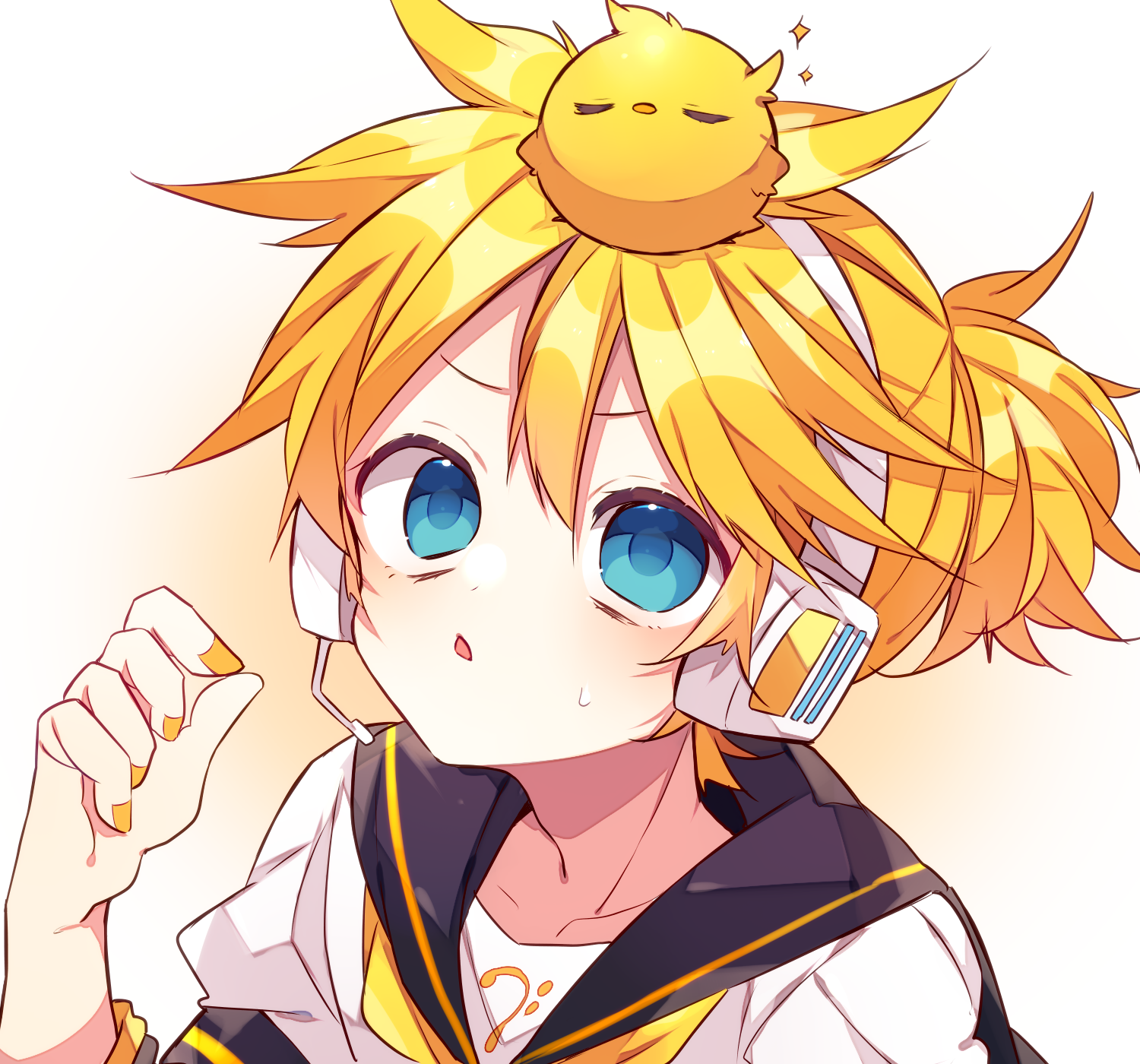 kaho 0102, kagamine len, vocaloid, commentary request, highres, 1boy, :o, animal, animal on head, arm warmers, bass clef, bird, bird on head, black sailor collar, blonde hair, blue eyes, collarbone, double-parted bangs, hand up, headset, male focus, nail polish, necktie, on head, open mouth, portrait, sailor collar, shirt, short hair, short sleeves, solo, sweatdrop, white shirt, yellow nails, yellow necktie