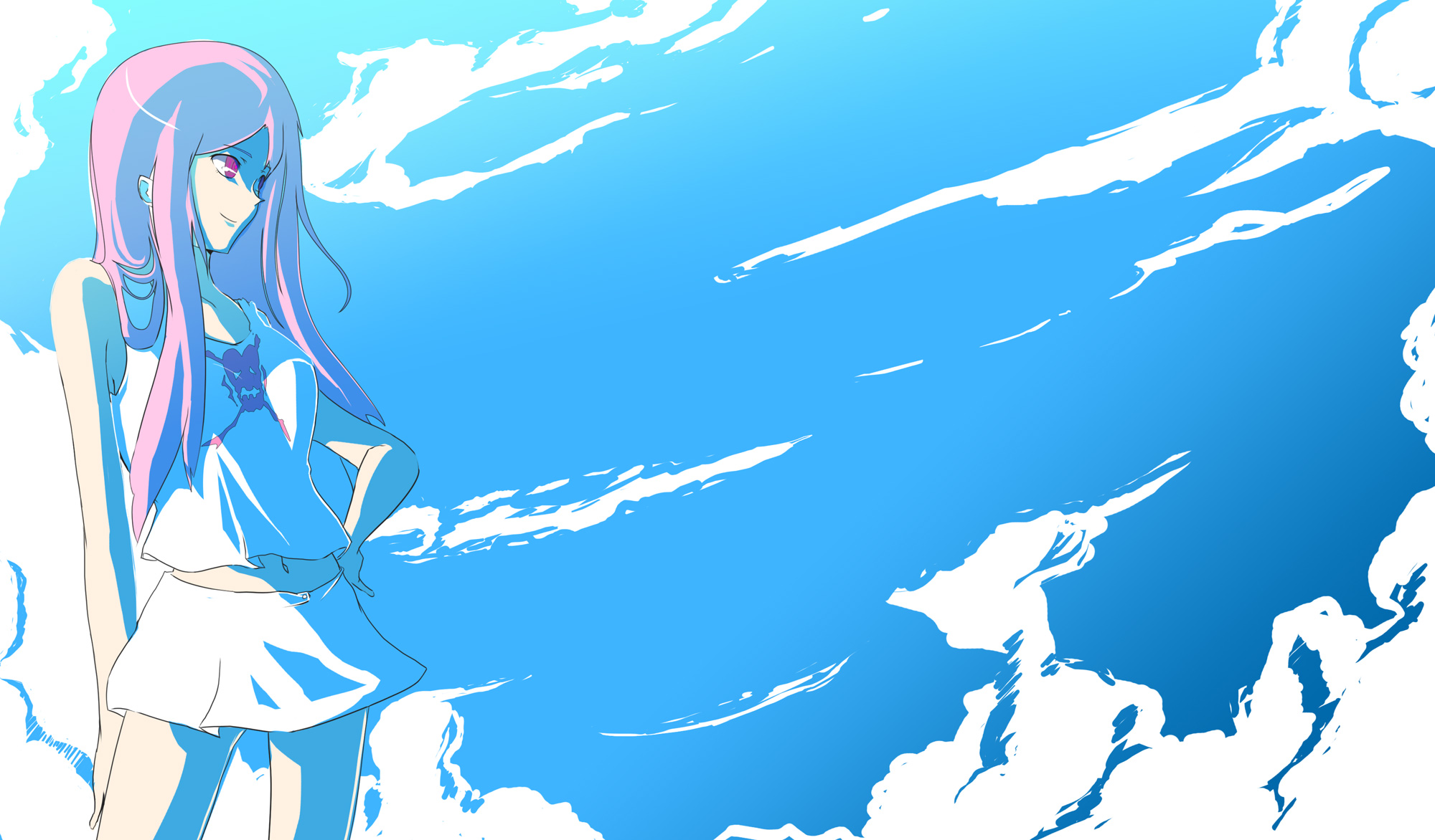 anemone (eureka seven), eureka seven, eureka seven (series), highres, 00s, 1girl, female focus, long hair, pink hair, sky, solo