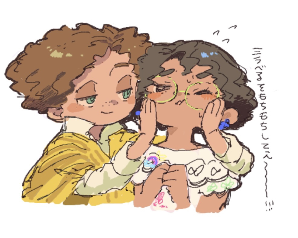 egdk7454, camilo madrigal, encanto, 1boy, 1girl, afro, brown eyes, brown hair, colombian clothes, curly hair, dark-skinned female, dark-skinned male, dark skin, earrings, glasses, hourglass print, jewelry, pom pom (clothes), pom pom earrings, poncho, shirt, short hair, simple background, skirt, smile, white shirt, yellow poncho