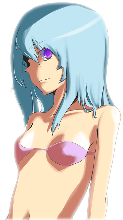 eureka (eureka seven), eureka seven, eureka seven (series), 00s, 1girl, bikini, blue hair, breasts, female focus, green hair, pink bikini, purple eyes, simple background, solo, strapless, strapless bikini, swimsuit, white background