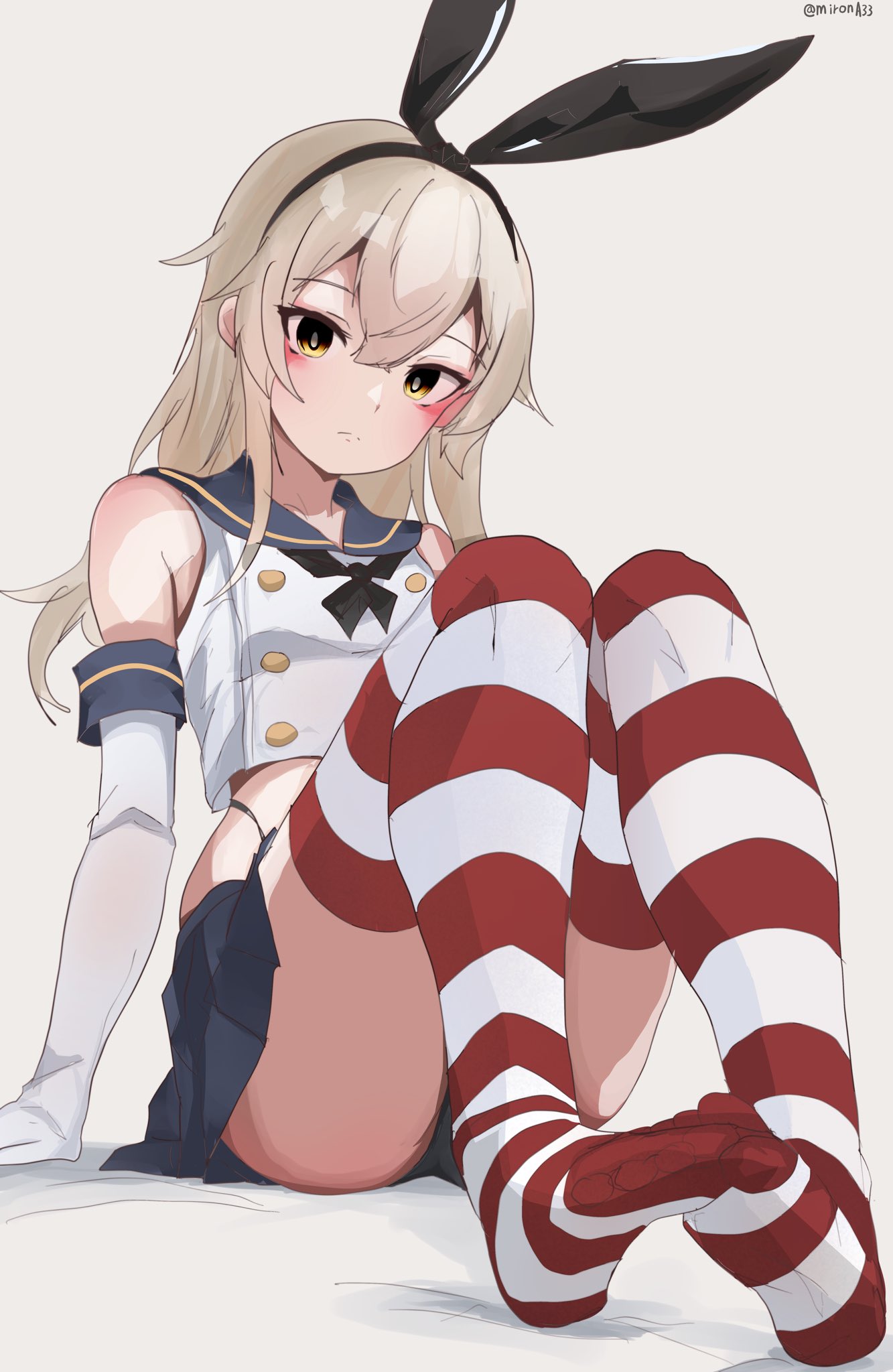 miron (mirona33), shimakaze (kancolle), kantai collection, commentary request, highres, 1girl, anchor hair ornament, black hairband, black neckerchief, black panties, blonde hair, blue sailor collar, blue skirt, crop top, elbow gloves, gloves, grey background, grey eyes, hair ornament, hairband, highleg, highleg panties, long hair, microskirt, miniskirt, neckerchief, panties, pleated skirt, sailor collar, shirt, simple background, sitting, skirt, sleeveless, sleeveless shirt, solo, striped clothes, striped thighhighs, thighhighs, underwear, white gloves