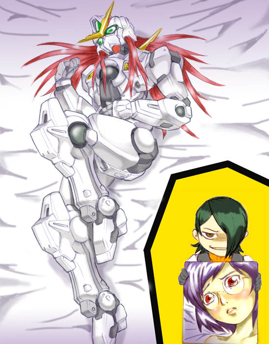 kamizono (spookyhouse), gundam nadleeh, hallelujah haptism, nadleeh, tieria erde, gundam, gundam 00, 00s, 1boy, bed sheet, blush, dakimakura (medium), evil smile, full body, hair over one eye, head tilt, helmet, long hair, machinery, mecha, purple hair, red eyes, red hair, robot, simple background, smile, spikes, very long hair, yellow background