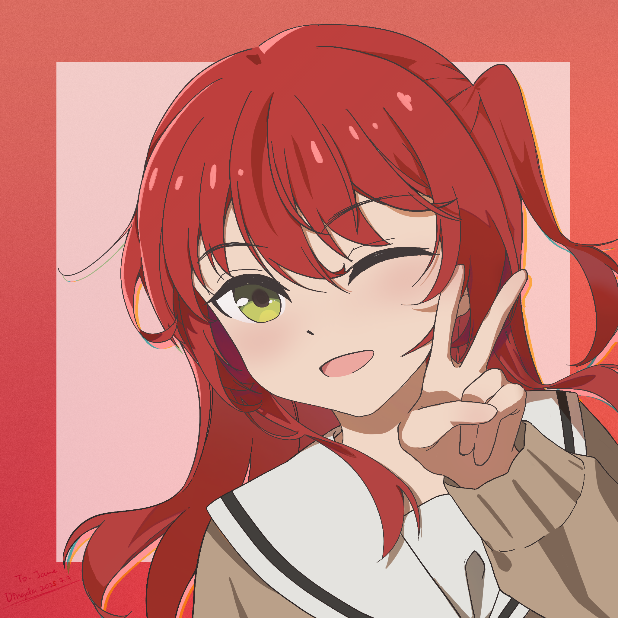kita ikuyo, bocchi the rock!, chinese commentary, commentary request, highres, 1girl, :d, border, brown cardigan, brown sweater, cardigan, dingda, gradient background, green eyes, long hair, long sleeves, looking at viewer, neckerchief, one eye closed, open mouth, red background, red border, red hair, school uniform, simple background, smile, solo, sweater, winter uniform