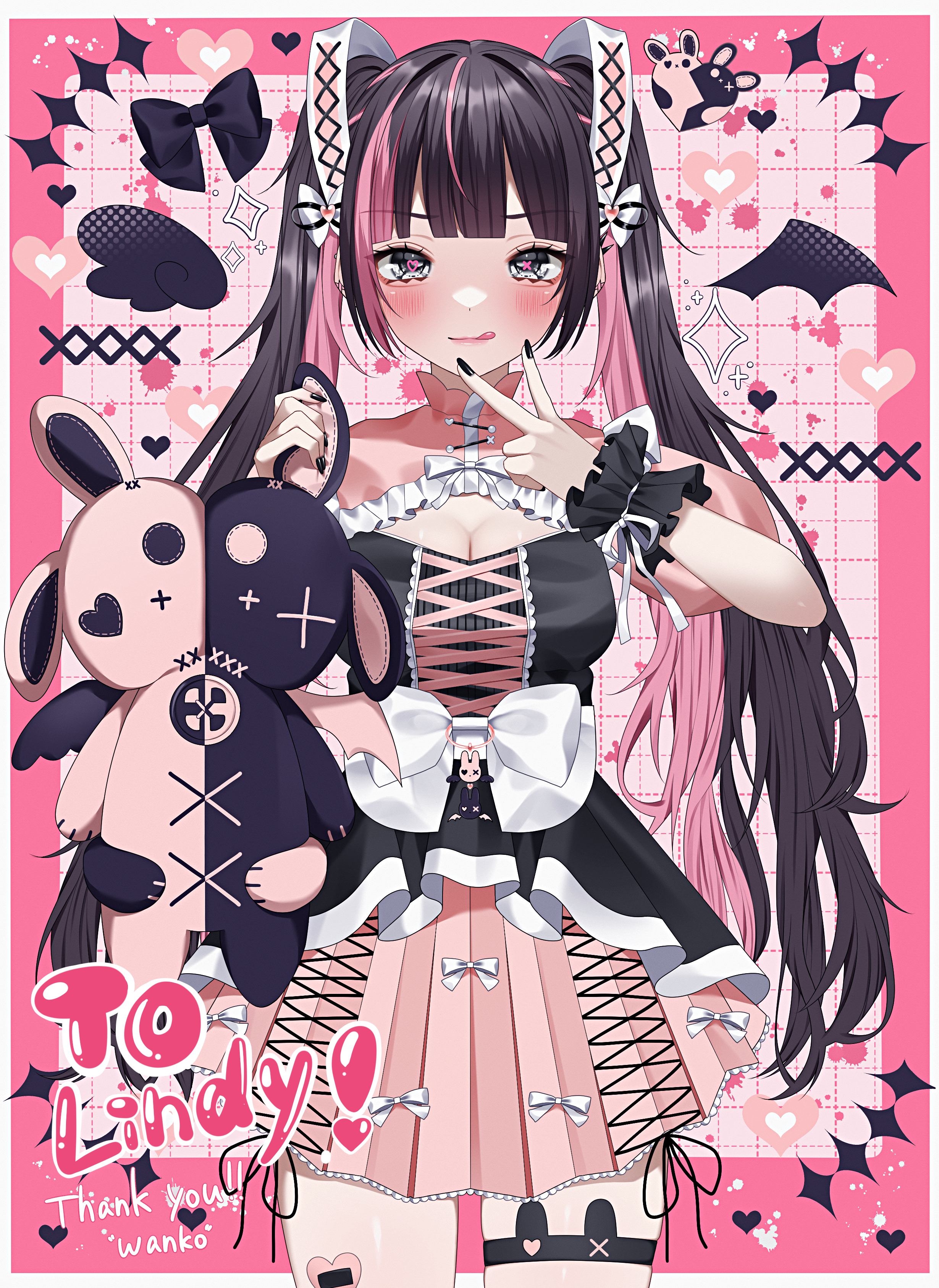 wanko (yurika0320), original, absurdres, commission, highres, 1girl, :q, arms up, black bow, black dress, black nails, blush, border, bow, breasts, brown hair, cleavage, cowboy shot, dress, ear piercing, english text, frilled cuffs, frilled dress, frills, grey eyes, hair ornament, heart, heart-shaped pupils, holding, holding stuffed toy, large breasts, long hair, looking at viewer, mismatched pupils, multicolored hair, piercing, pink background, pink dress, pink hair, pink skirt, pleated skirt, puffy sleeves, short sleeves, sidelocks, skindentation, skirt, solo, splotch, standing, streaked hair, stuffed animal, stuffed rabbit, stuffed toy, symbol-shaped pupils, thigh strap, tongue, tongue out, twintails, two-tone dress, v, white border, white bow, wrist cuffs, x-shaped pupils, x (symbol)