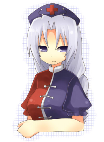 yuzuki (yuduame), yagokoro eirin, touhou, silver hair, bad id, bad pixiv id, 1girl, blue eyes, braid, breasts, buttons, cross, cross print, dress, female focus, hat, looking at viewer, own hands together, parted bangs, puffy short sleeves, puffy sleeves, short sleeves, simple background, single braid, solo, white background