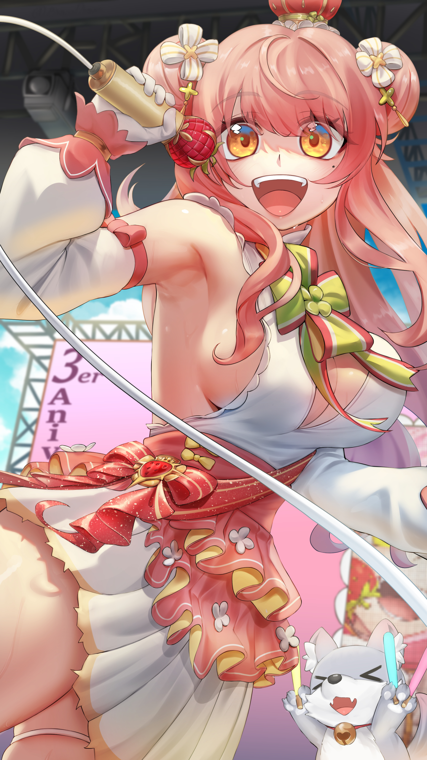 braco, merun morino, indie virtual youtuber, absurdres, highres, 1girl, armpits, bare shoulders, breasts, cleavage, cowboy shot, detached sleeves, double bun, dress, gloves, hair bun, hand up, holding, holding microphone, large breasts, long hair, long sleeves, looking at viewer, microphone, mole, mole under eye, open mouth, pink hair, sideboob, sleeveless, sleeveless dress, smile, solo, thigh strap, virtual youtuber, white dress, white gloves, yellow eyes