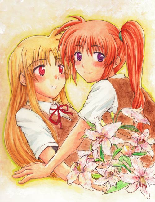 yuki mashiro, fate testarossa, takamachi nanoha, lyrical nanoha, mahou shoujo lyrical nanoha, mahou shoujo lyrical nanoha a's, mahou shoujo lyrical nanoha strikers, 00s, 2girls, :o, blonde hair, flower, lily (flower), looking at another, looking at viewer, multiple girls, school uniform, serafuku, smile, yuri