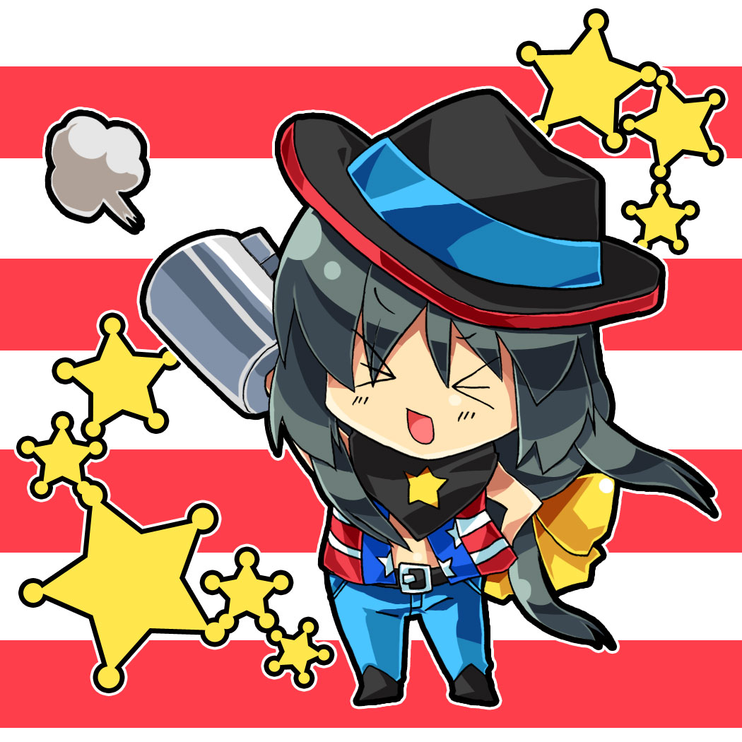 satomi yoshitaka, ibuki fuuko, clannad, > <, 00s, 1girl, chibi, closed eyes, cowboy hat, cowboy western, female focus, gun, hat, solo, star (symbol), united states, weapon