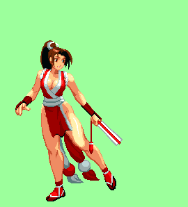 shiranui mai, fatal fury, snk, the king of fighters, animated, animated gif, lowres, 1girl, bouncing breasts, breasts, brown hair, cleavage, female focus, folded fan, folding fan, green background, hand fan, large breasts, pelvic curtain, pixel art, ponytail, revealing clothes, simple background, solo