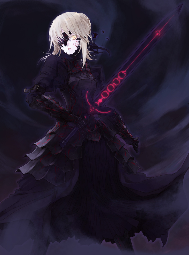 reki (pixiv), artoria pendragon (fate), saber (fate), saber alter, saber alter (first ascension), fate/stay night, fate (series), 00s, 1girl, armor, armored dress, blonde hair, dress, excalibur morgan (fate), female focus, solo, sword, weapon, yellow eyes