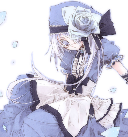 reki (pixiv), bad id, bad pixiv id, lowres, 1girl, blue eyes, dress, eyepatch, female focus, hat, long hair, solo, white hair