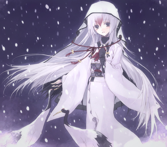 reki (pixiv), bad id, bad pixiv id, 1girl, blue eyes, female focus, japanese clothes, kimono, long hair, snow, solo, white hair