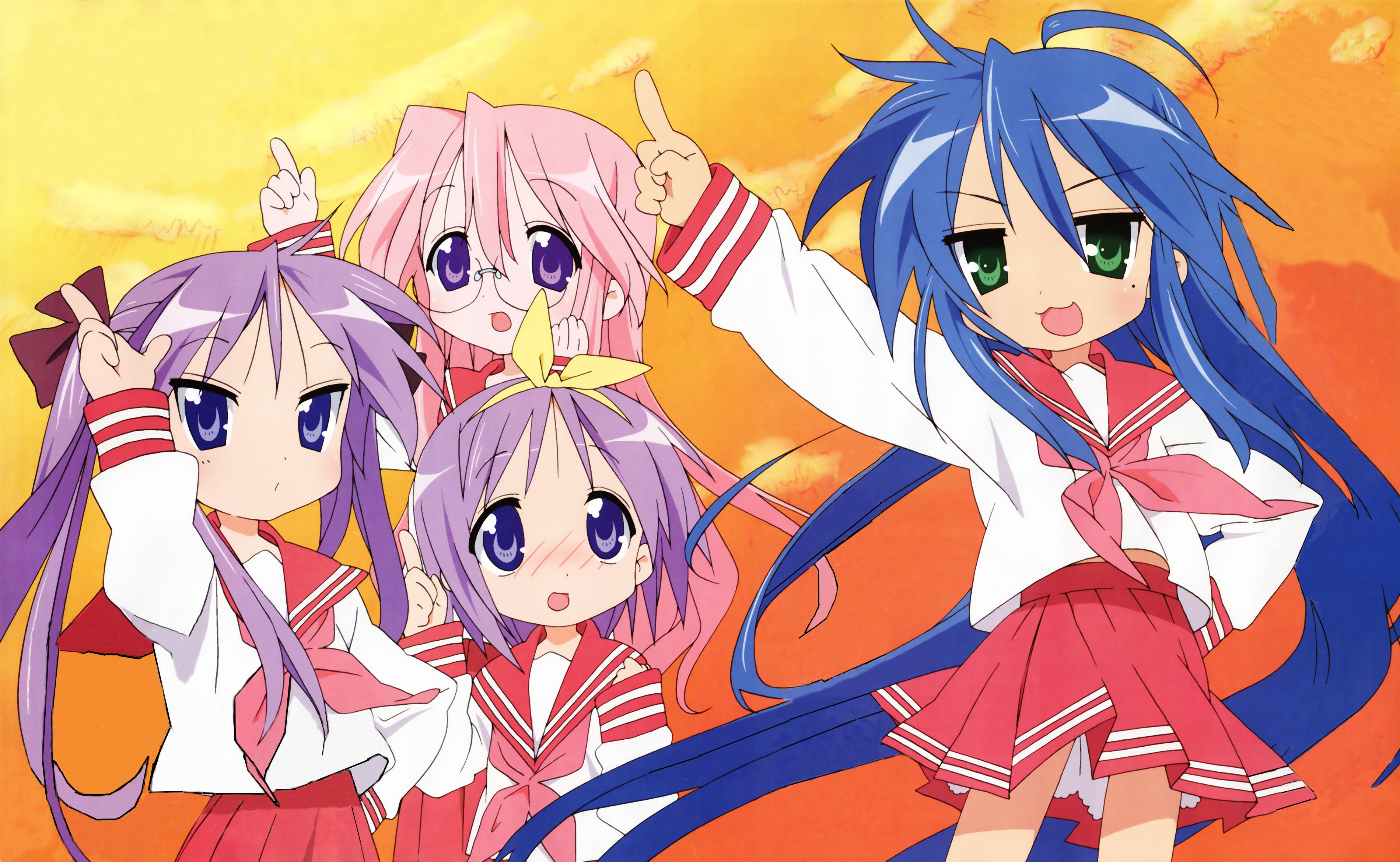 hiiragi kagami, hiiragi tsukasa, izumi konata, takara miyuki, lucky star, absurdres, highres, 00s, 4girls, blush, mole, mole under eye, multiple girls, ribbon, school uniform, serafuku