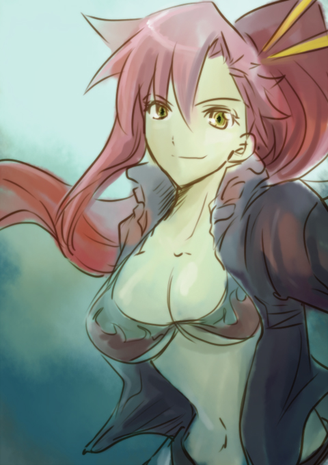 soyoking, yoko littner, tengen toppa gurren lagann, 00s, 1girl, bikini, bikini top only, breasts, cleavage, female focus, jacket, large breasts, long hair, ponytail, red hair, solo, swimsuit, yellow eyes