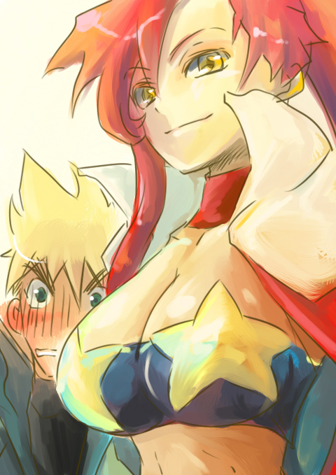 soyoking, kittan bachika, space yoko, yoko littner, tengen toppa gurren lagann, 00s, 1boy, 1girl, bandeau, blush, breasts, cleavage, large breasts, long hair, red hair, smile, star (symbol), strapless, tube top, yellow eyes